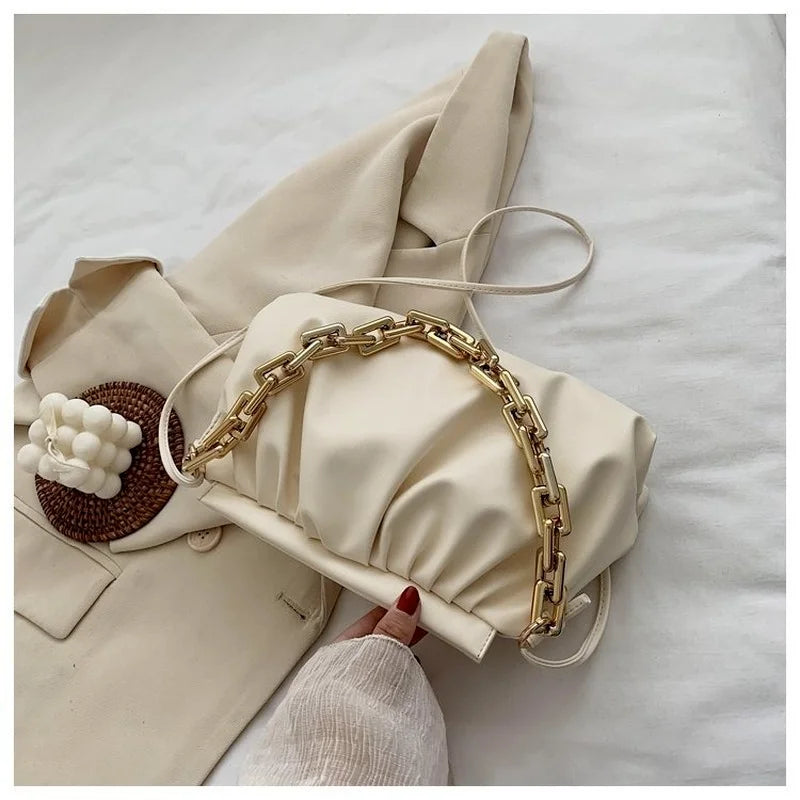 Pleated Cloud Crossbody Bag Women's Thick Chain Shoulder Bag Casual Ladies Bag