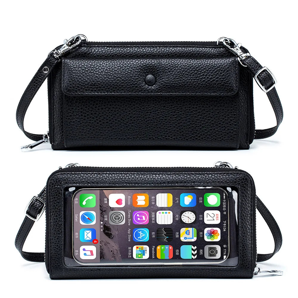 Touch Screen Leather Mobile Phone Bag Transparent Multi-function Messenger
