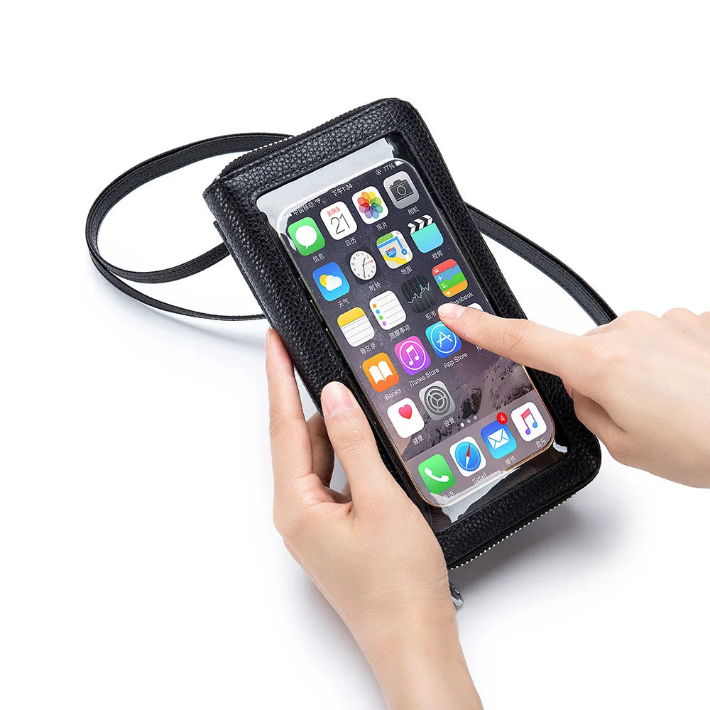 Touch Screen Leather Mobile Phone Bag Transparent Multi-function Messenger