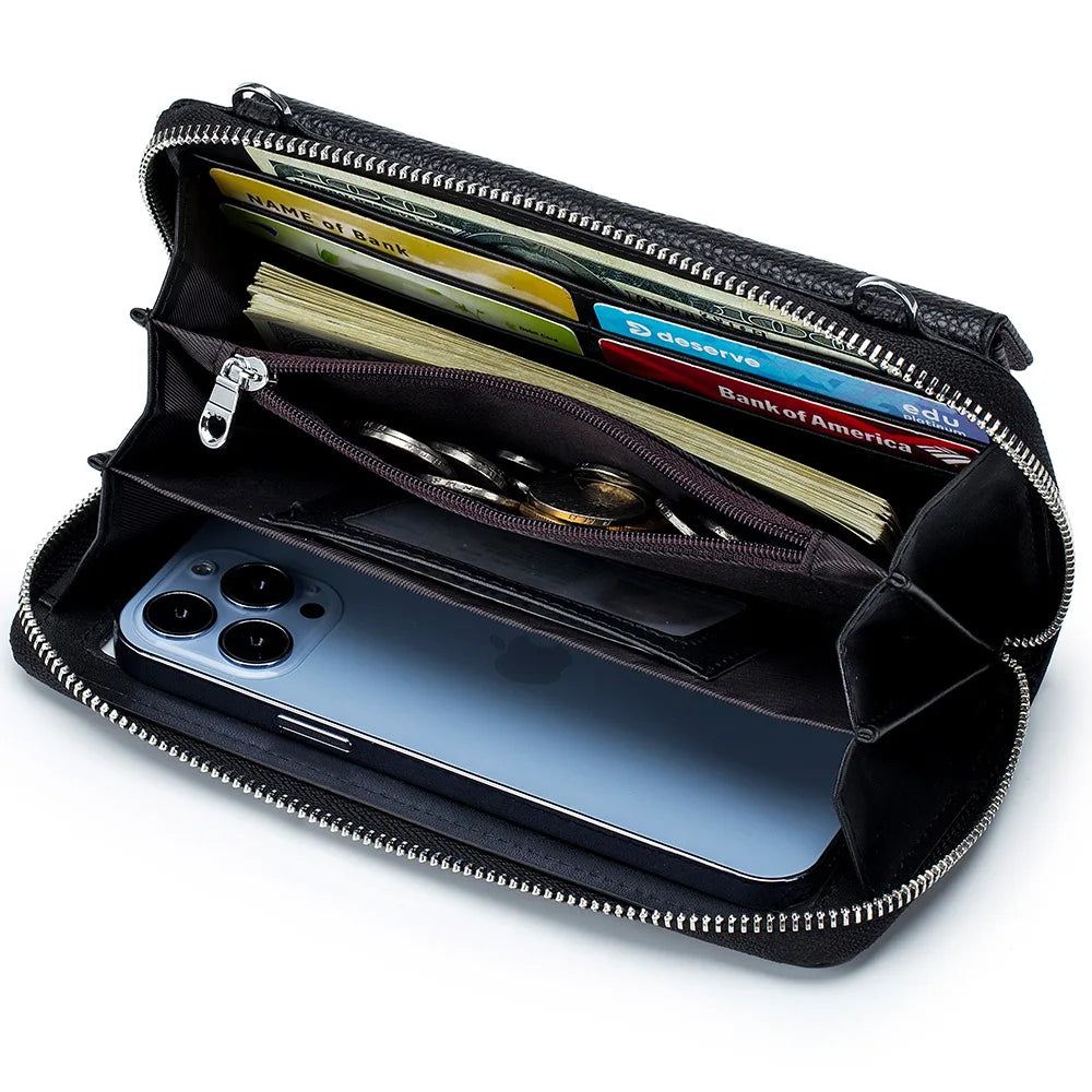 Touch Screen Leather Mobile Phone Bag Transparent Multi-function Messenger