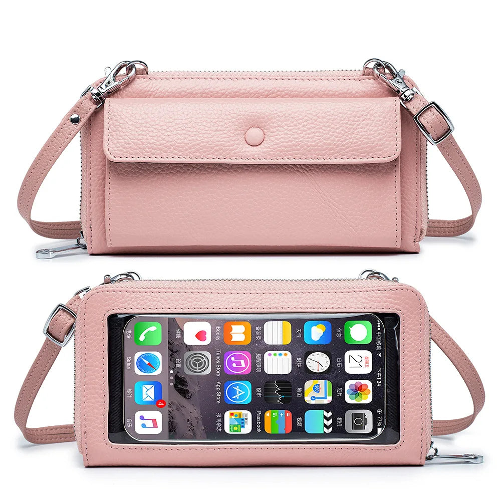 Touch Screen Leather Mobile Phone Bag Transparent Multi-function Messenger