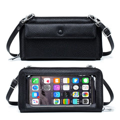 Touch Screen Leather Mobile Phone Bag Transparent Multi-function Messenger