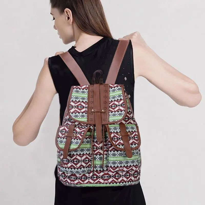 Vintage Bohemian Print Canvas Backpack for Women School Travel Rucksack