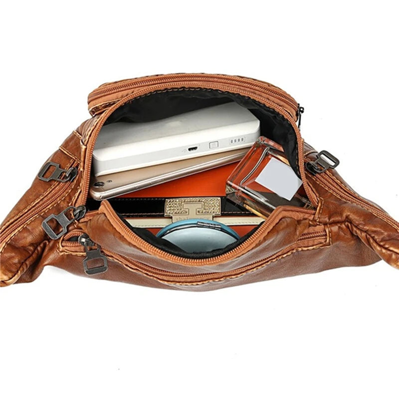 Vintage Women's Waist Bag PU Leather Zipper Adjustable Ladies Shoulder Bag