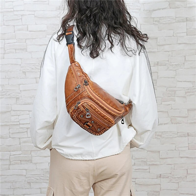 Vintage Women's Waist Bag PU Leather Zipper Adjustable Ladies Shoulder Bag