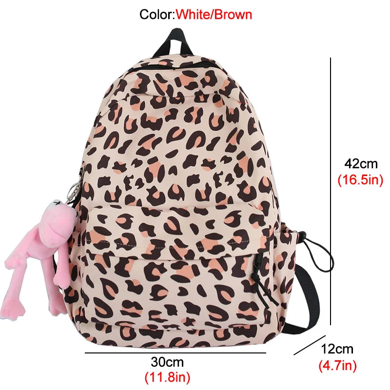 Leopard Print Nylon Women Backpack Travel Bag Schoolbag