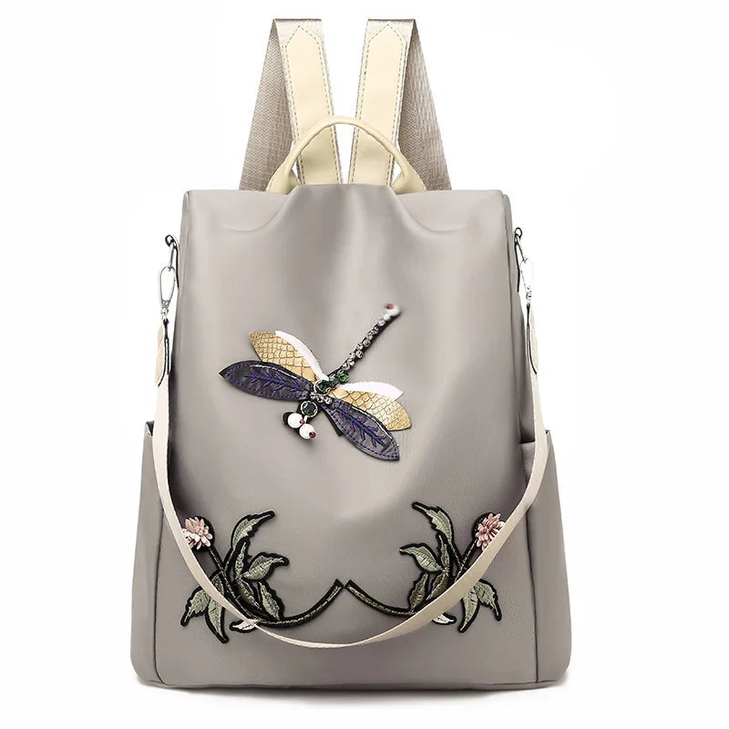 Waterproof Oxford Women Backpack Dragonfly Flower Embroidered Rucksack