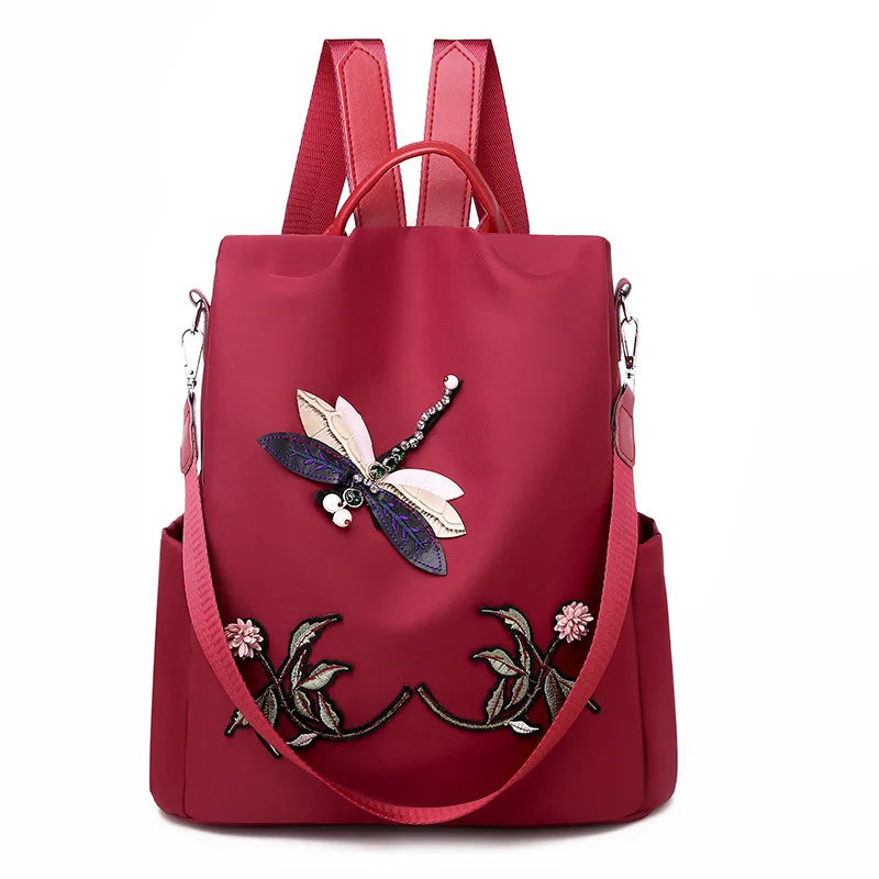 Waterproof Oxford Women Backpack Dragonfly Flower Embroidered Rucksack