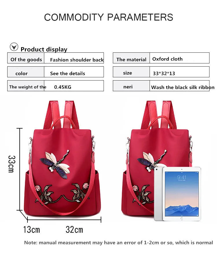 Waterproof Oxford Women Backpack Dragonfly Flower Embroidered Rucksack