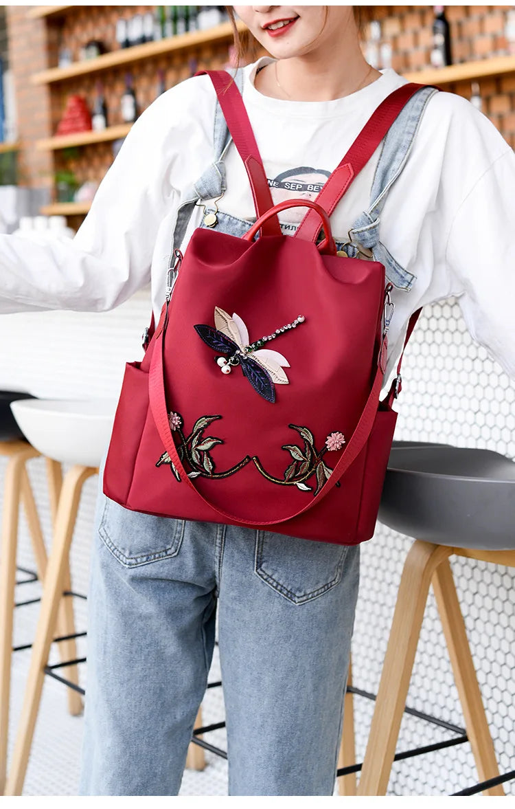 Waterproof Dragonfly Flower 3D Embroidered Backpack for Girls