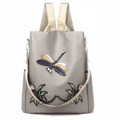Waterproof Dragonfly Flower 3D Embroidered Backpack for Girls