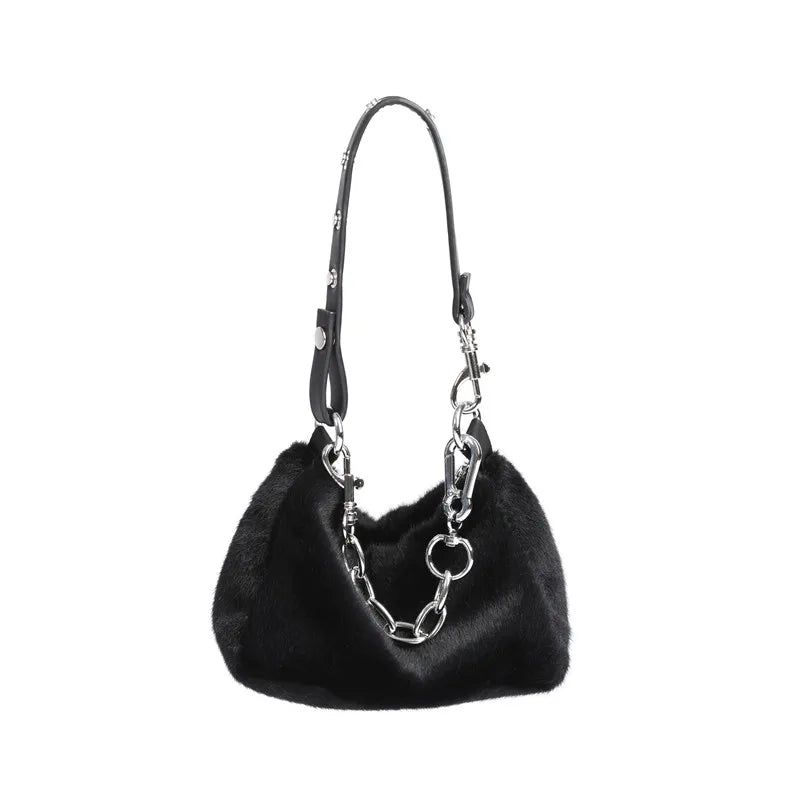 Winter Pink Faux Fur Underarm Bags for Women Y2K Shoulder Bags