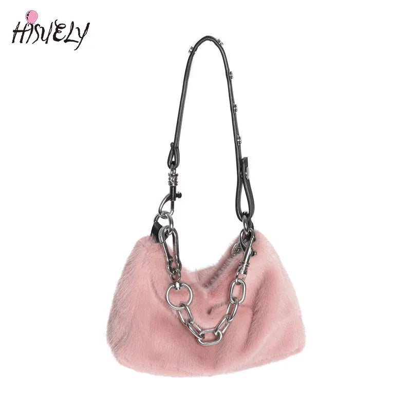 Winter Pink Faux Fur Underarm Bags for Women Y2K Shoulder Bags