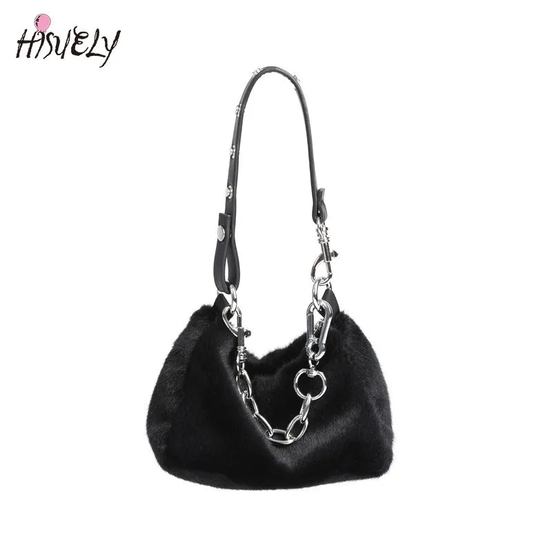 Winter Pink Faux Fur Underarm Bags for Women Y2K Shoulder Bags