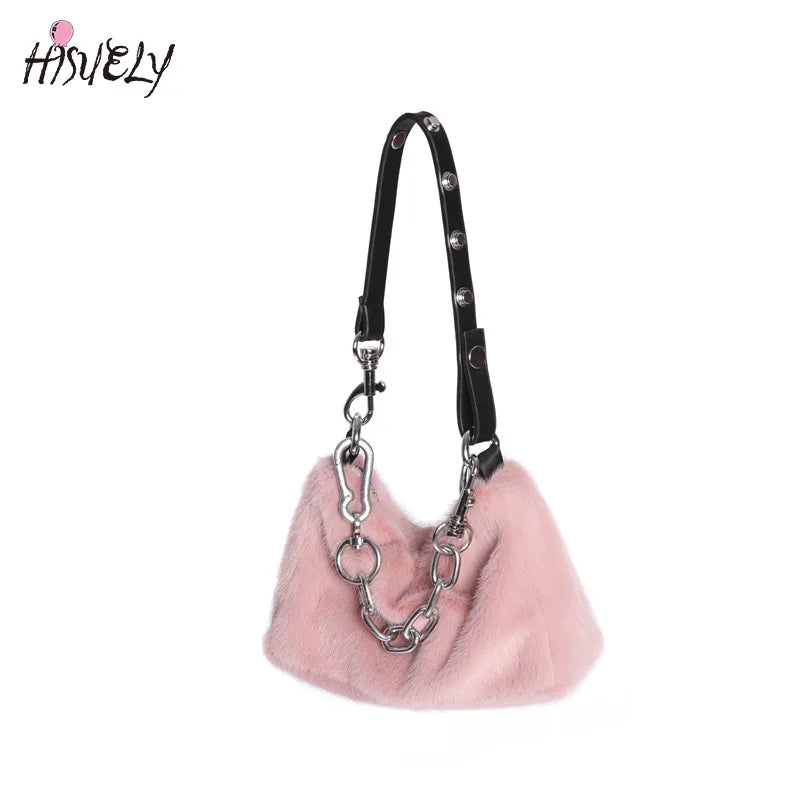 Winter Pink Faux Fur Underarm Bags for Women Y2K Shoulder Bags