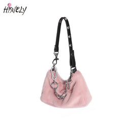 Winter Pink Faux Fur Underarm Bags for Women Y2K Shoulder Bags