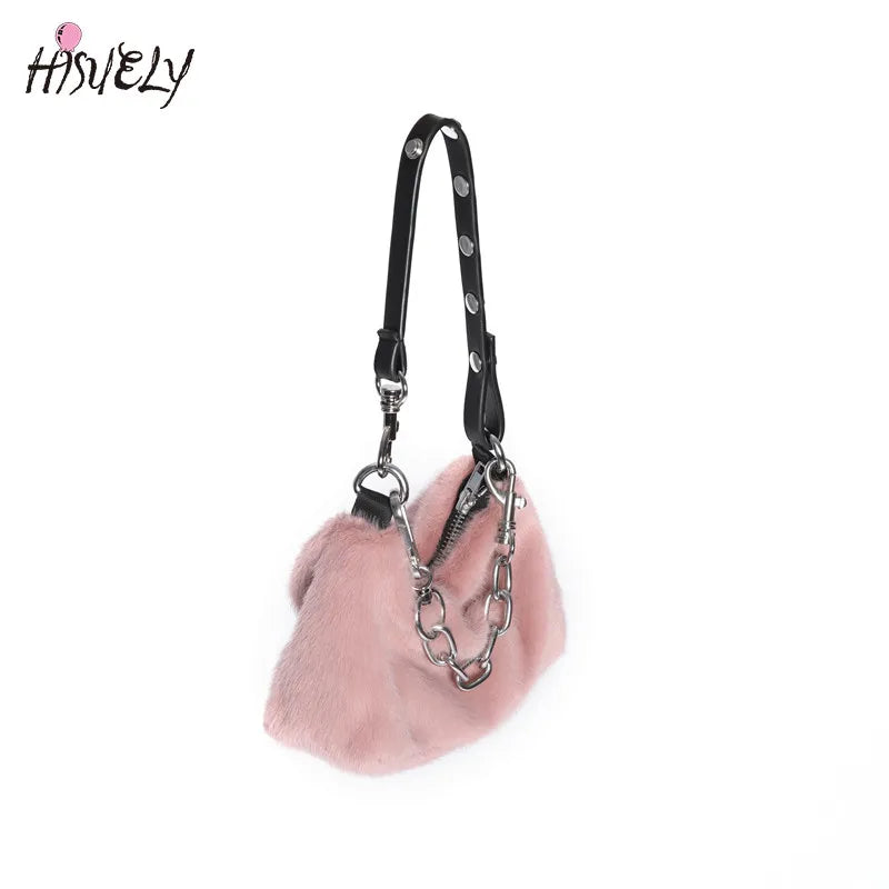 Winter Pink Faux Fur Underarm Bags for Women Y2K Shoulder Bags