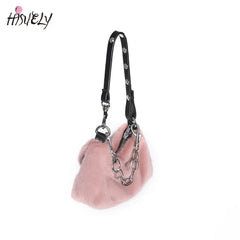 Winter Pink Faux Fur Underarm Bags for Women Y2K Shoulder Bags