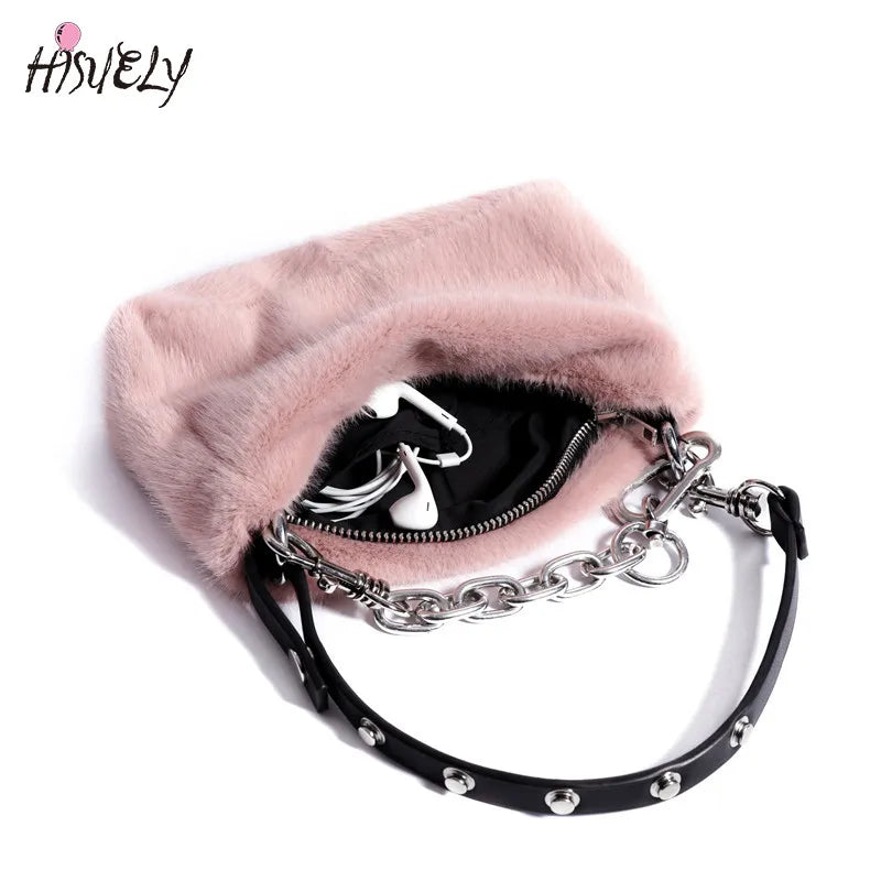Winter Pink Faux Fur Underarm Bags for Women Y2K Shoulder Bags