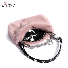 Winter Pink Faux Fur Underarm Bags for Women Y2K Shoulder Bags