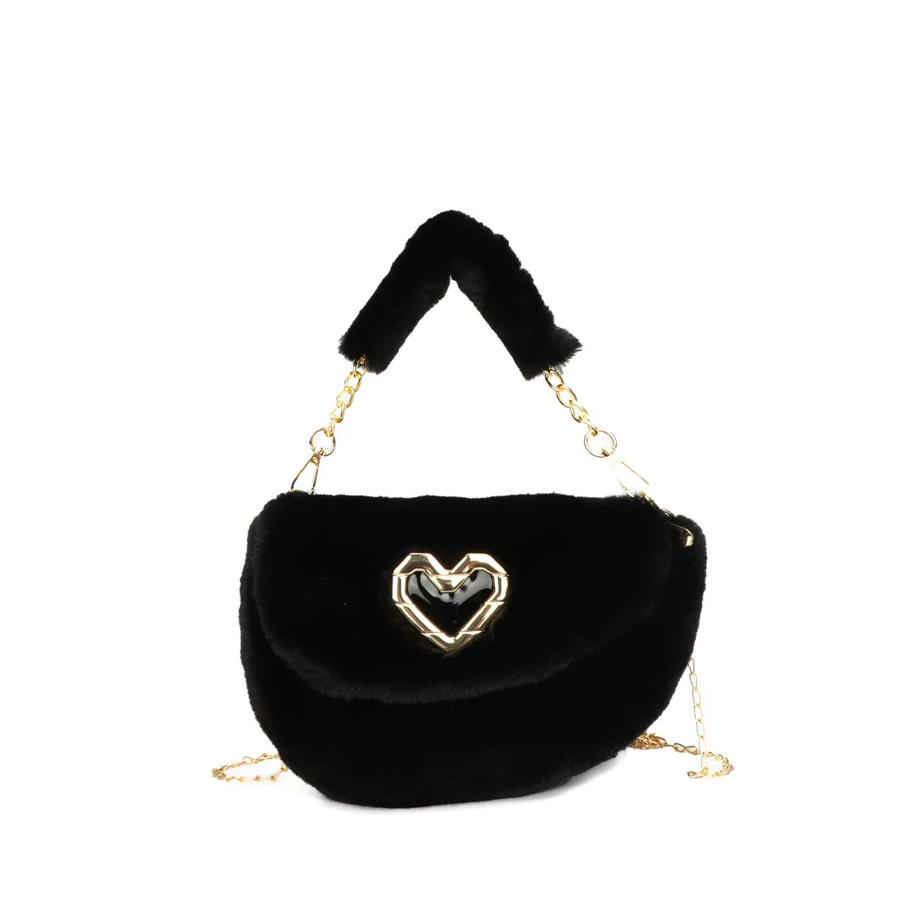 Winter Fluffy Saddle Shoulder Bag Metal Heart Badge Underarm Bag Love Heart Fur