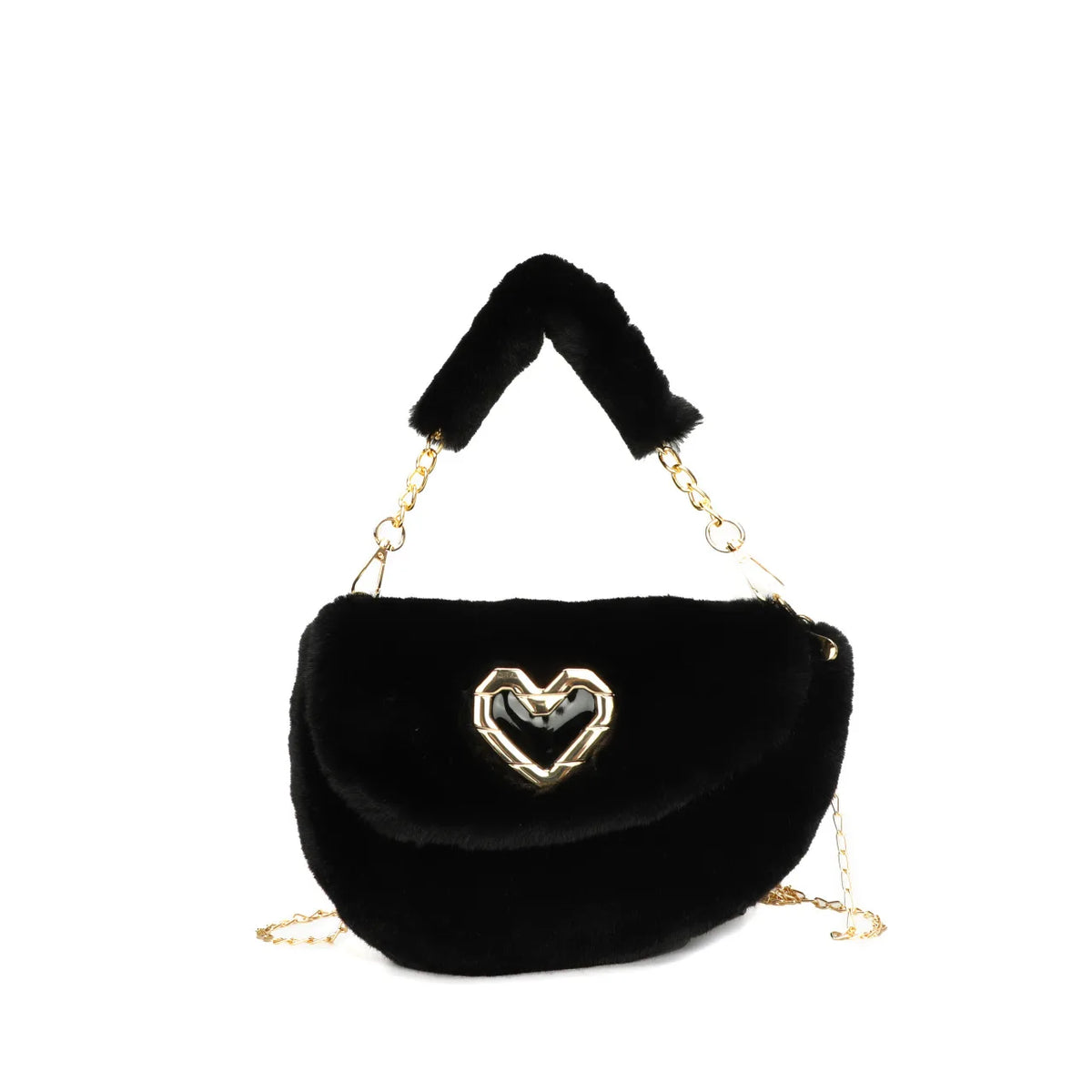 Winter Fluffy Saddle Shoulder Bag Metal Heart Badge Underarm Bag Love Heart Fur