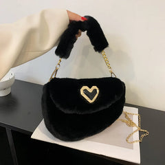 Winter Fluffy Saddle Shoulder Bag Metal Heart Badge Underarm Bag Love Heart Fur