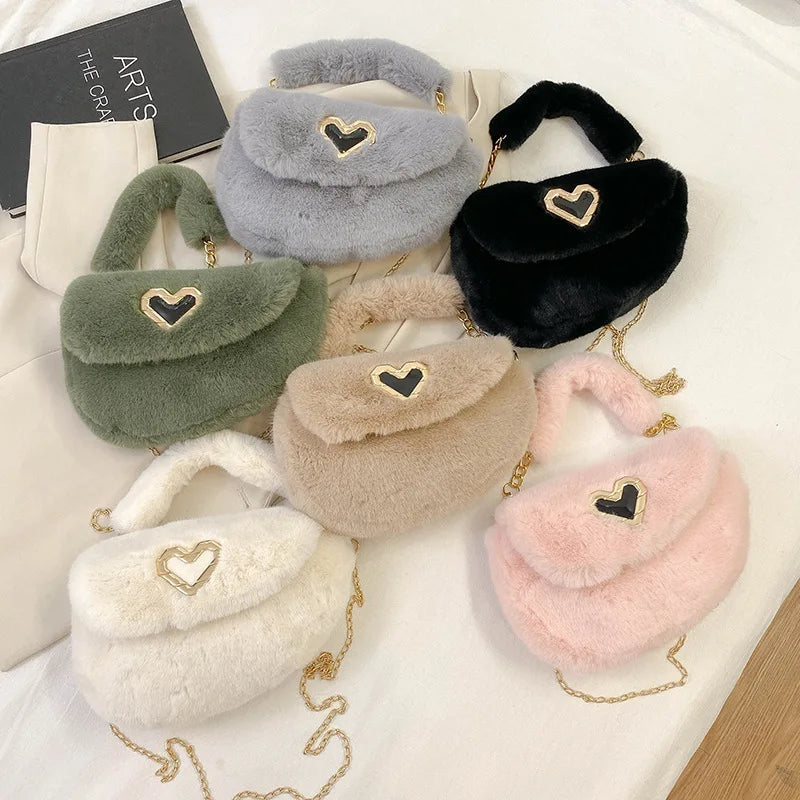 Winter Fluffy Saddle Shoulder Bag Metal Heart Badge Underarm Bag Love Heart Fur