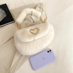 Winter Fluffy Saddle Shoulder Bag Metal Heart Badge Underarm Bag Love Heart Fur