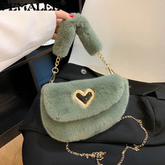 Winter Fluffy Saddle Shoulder Bag Metal Heart Badge Underarm Bag Love Heart Fur