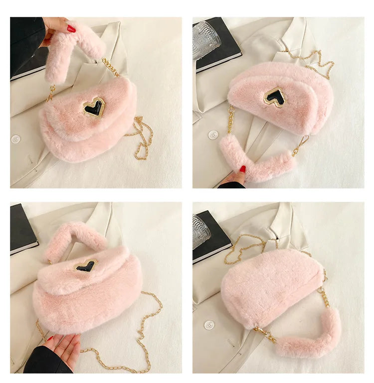 Winter Fluffy Saddle Shoulder Bag Metal Heart Badge Underarm Bag Love Heart Fur