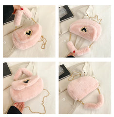 Winter Fluffy Saddle Shoulder Bag Metal Heart Badge Underarm Bag Love Heart Fur