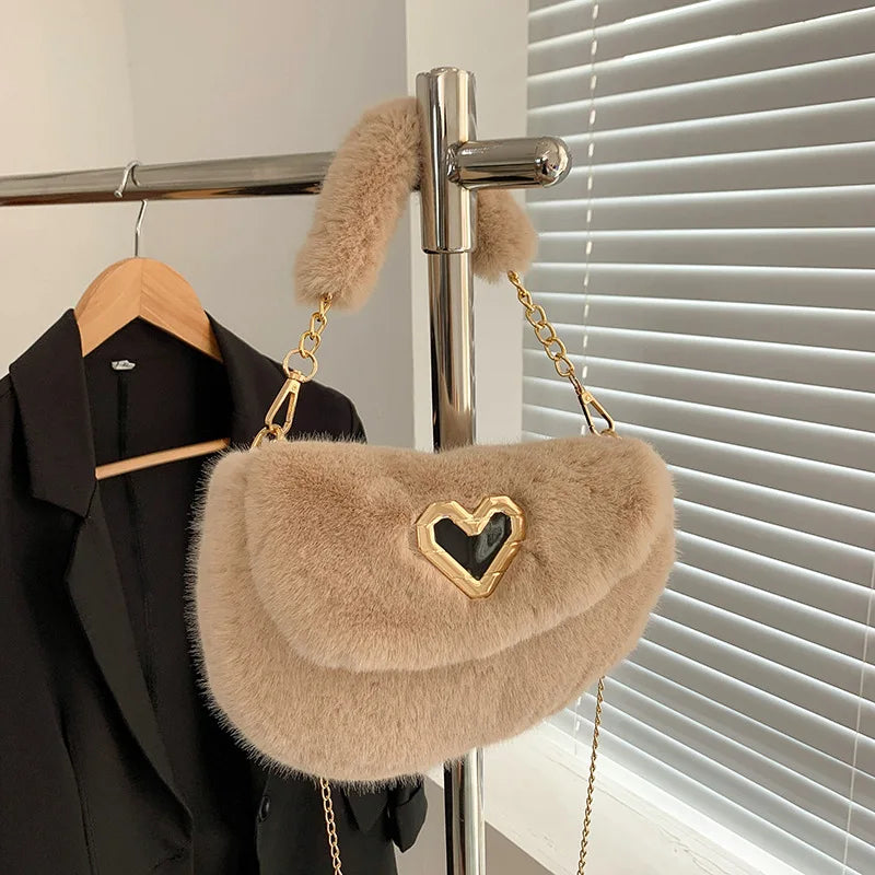 Winter Fluffy Saddle Shoulder Bag Metal Heart Badge Underarm Bag Love Heart Fur