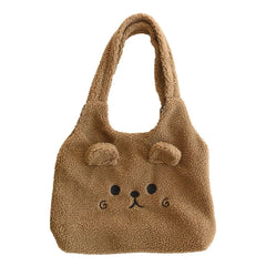 Winter Plush Tote Bag, Cartoon Embroidery Lamb Hair Shoulder Bag