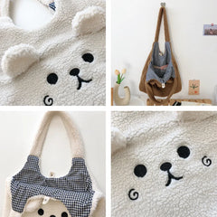 Winter Plush Tote Bag with Cartoon Embroidery Lamb Hair for Women