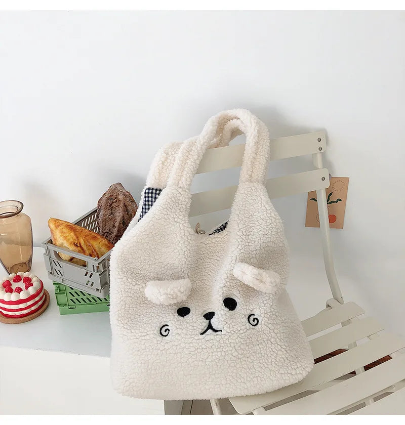Winter Plush Tote Bag with Cartoon Embroidery Lamb Hair for Women