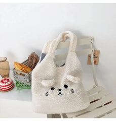 Winter Plush Tote Bag, Cartoon Embroidery Lamb Hair Shoulder Bag