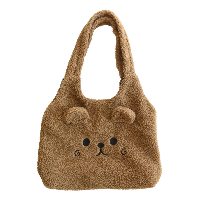 Winter Soft Plush Tote Bag Women Embroidery Lamb Hair Shoulder Bag