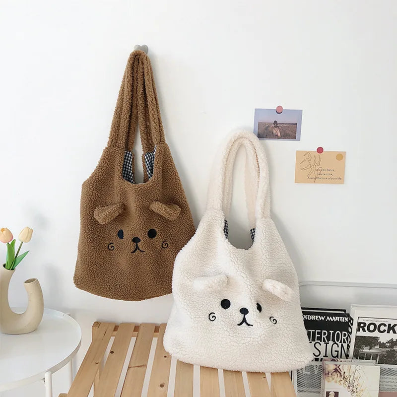 Winter Soft Plush Tote Bag Women Embroidery Lamb Hair Shoulder Bag