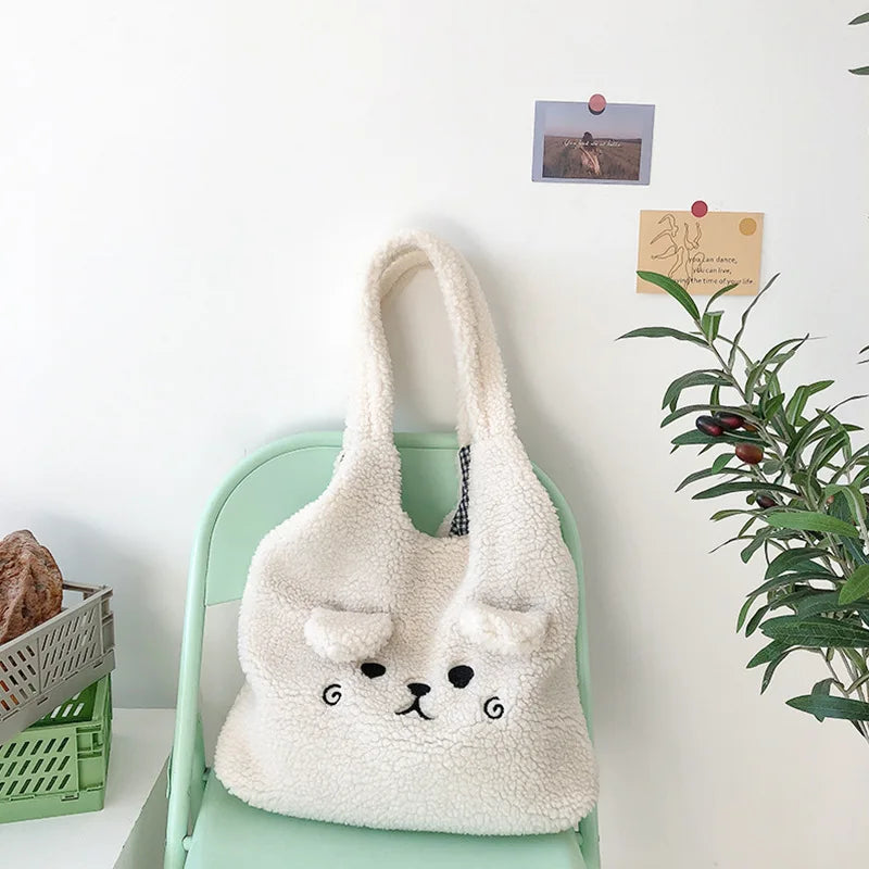 Winter Soft Plush Tote Bag Women Embroidery Lamb Hair Shoulder Bag