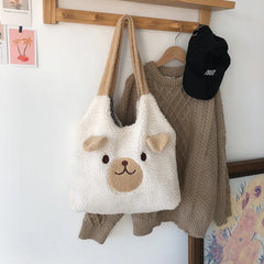 Winter Soft Plush Tote Bag Women Embroidery Lamb Hair Shoulder Bag