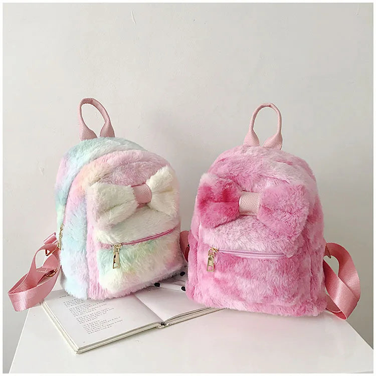 Plush Bow Women Backpack Casual School Bag Laptop Computer