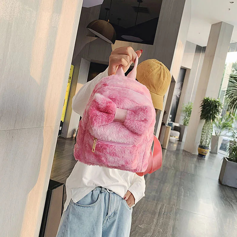 Plush Bow Women Backpack Casual School Bag Laptop Computer