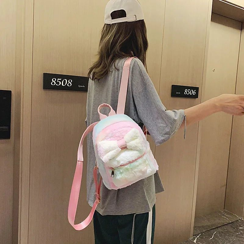 Plush Bow Women Backpack Casual School Bag Laptop Computer