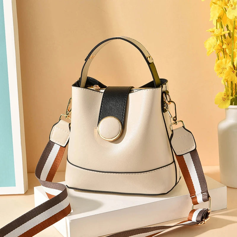 Colorful Strap Bucket Bag PU Leather Shoulder Bags Women