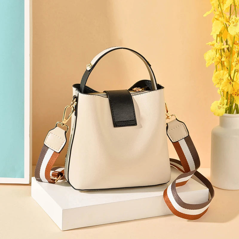 Colorful Strap Bucket Bag PU Leather Shoulder Bags Women