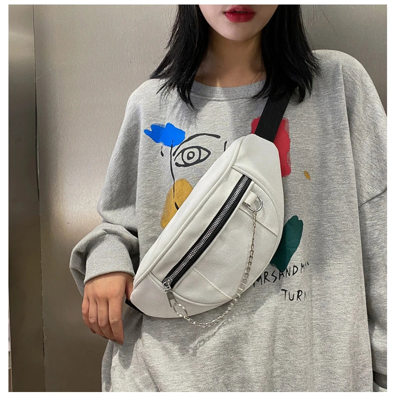 Women Chain Waist Bag Ladies Canvas Fanny Pack Travel Money Phone