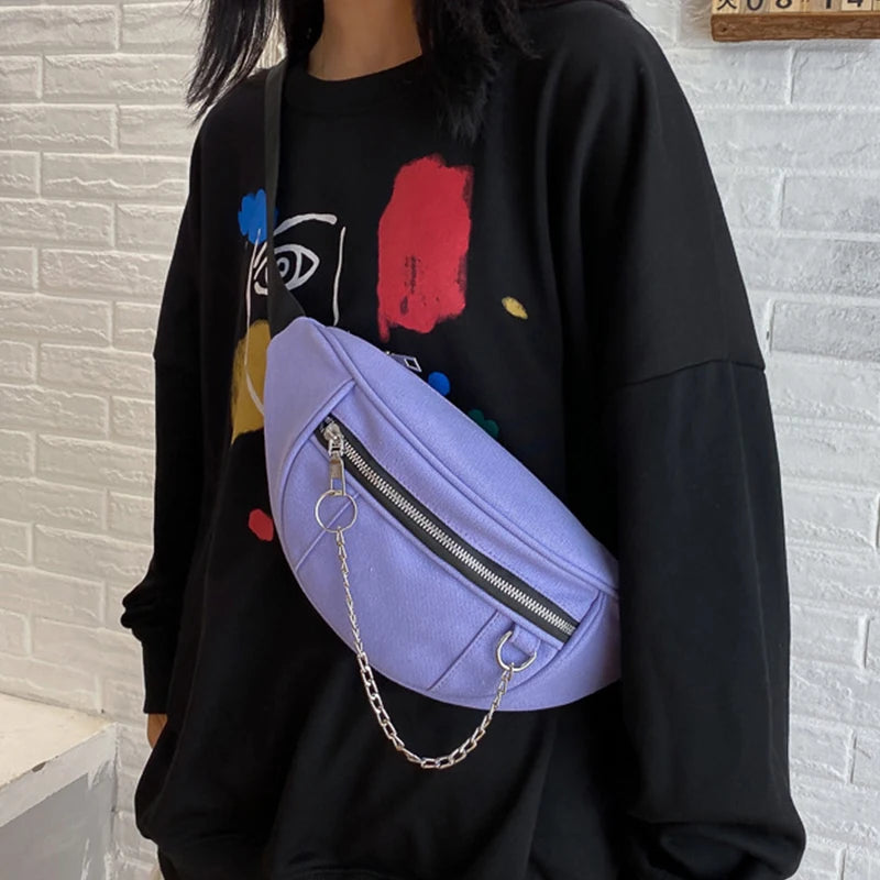 Women Chain Waist Bag Canvas Fanny Pack Money Phone Chest Bag