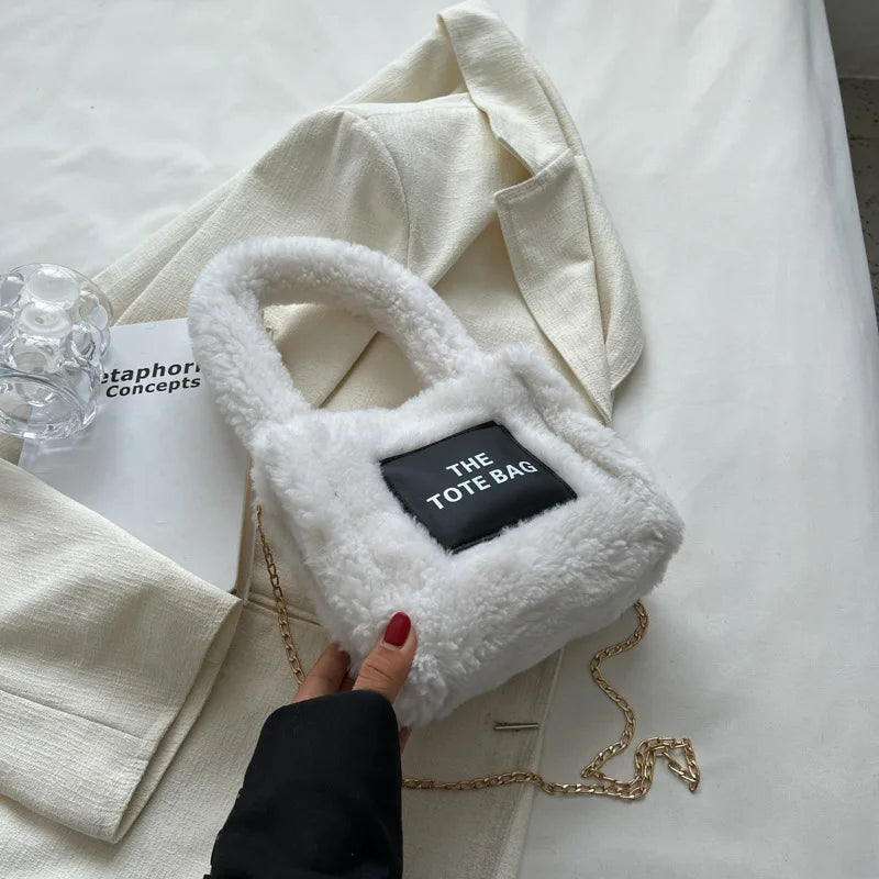 Soft Lambswool Shoulder Tote Bag Fluffy Letters Crossbody Bucket