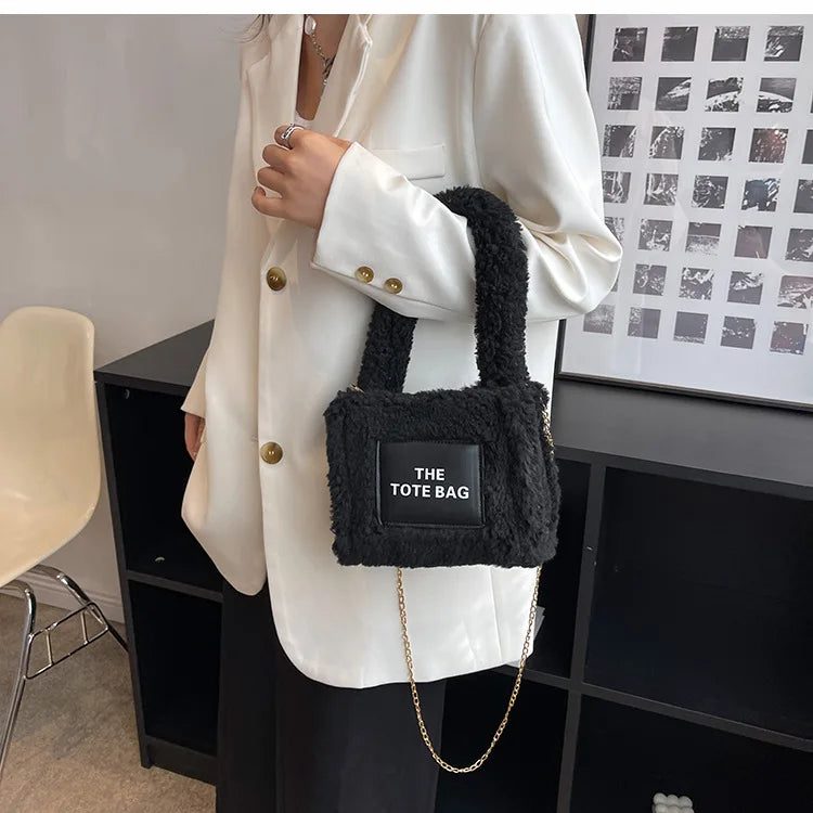 Soft Lambswool Shoulder Tote Bag Fluffy Letters Crossbody Bucket